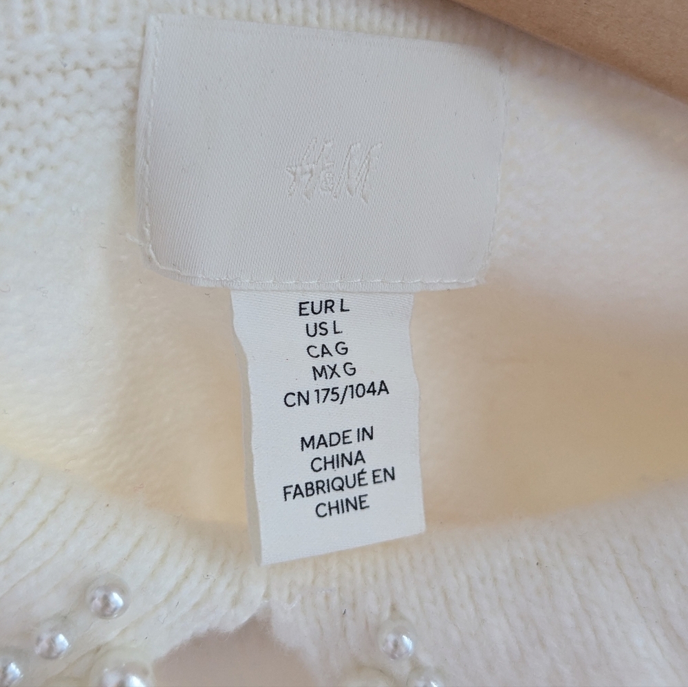 H&M Off White Knit Sweater Dress Pearl Bead Peter Pan Collar Large - Picture 8 of 16